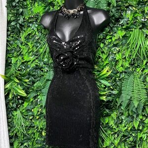 Lulus Dress Small Black Sequin Halter Mini 3D Rosette Backless Bodycon 3856